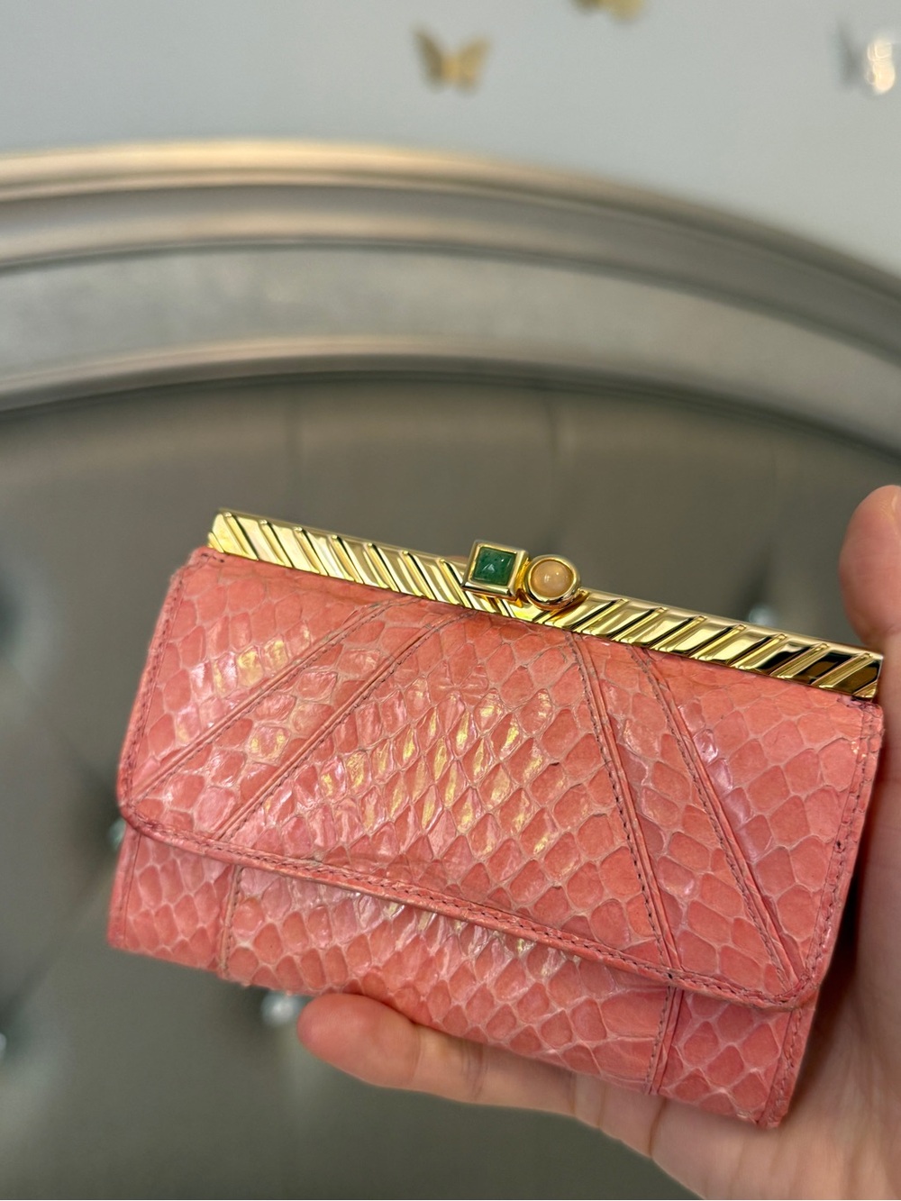 Judith Leiber Vintage cabochon stones/pink Reptile Leather Wallet/Coin pouch